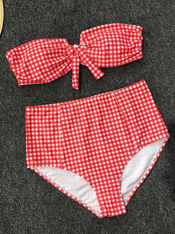 Plunge Neck Plaid Top With High Cut Bikini Set