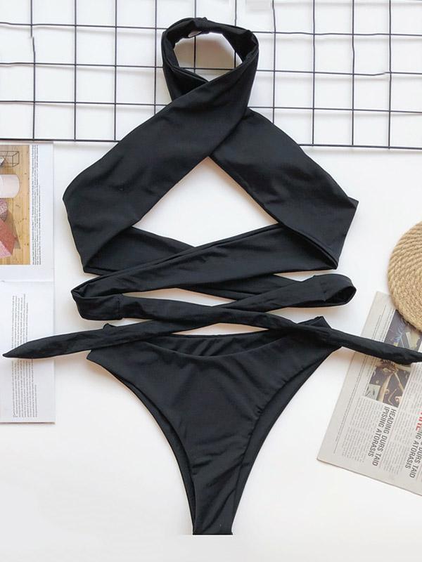 Sexy Bandage Backless Split Bikini Swimsuit