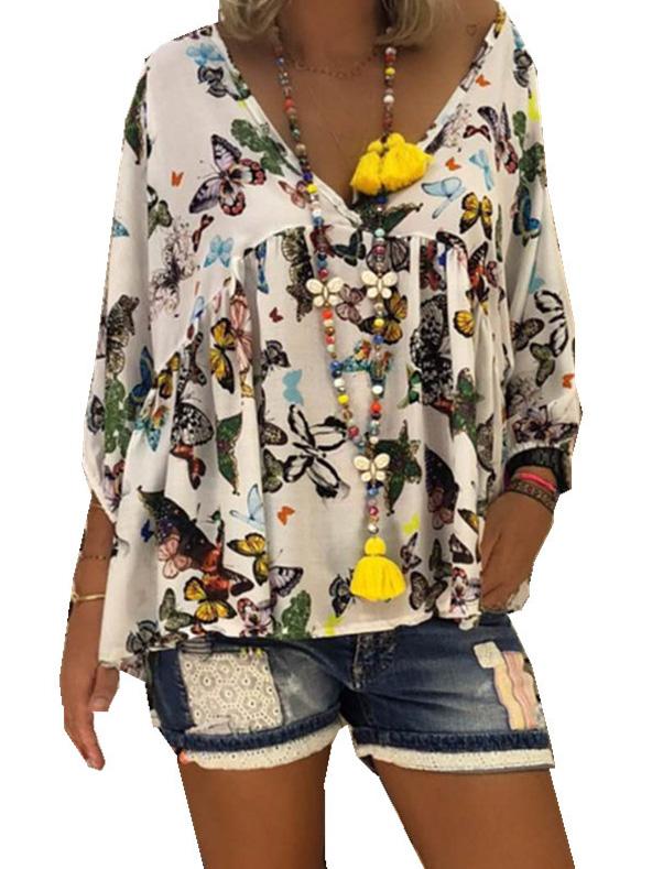 Plus Size Bow-printed V-neck Loose Blouses