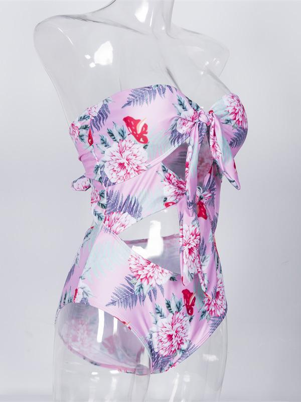 Hollow Printed Knot One-piece Swimwear