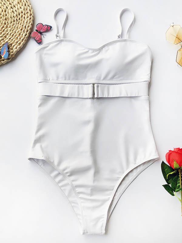 Solid Color Belted One-Piece Swimwear