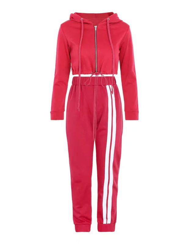 Zipper Hooded Sweatershirts And Striped Track Pants Suits