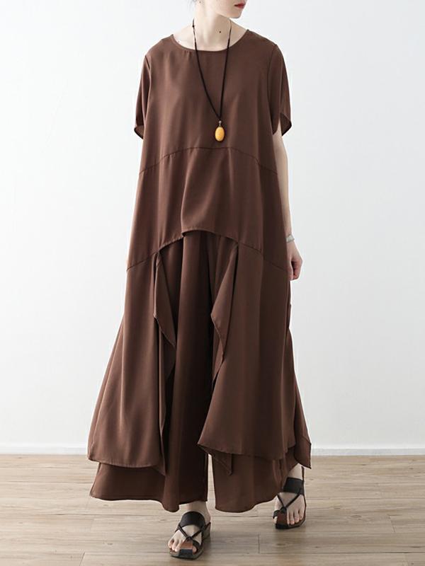 Loose Coffee Split-joint Cropped T-shirt&Wide Leg Pants Suits