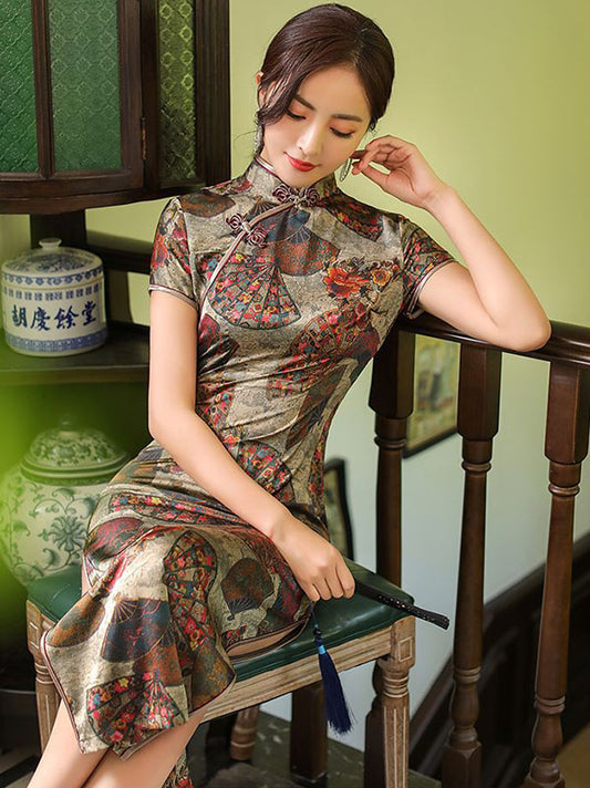 Vintage Satin Printed Split-Side Short Sleeve Long Cheongsams