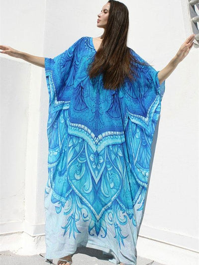 Blue-white Super Loose Printed Beach Cover-ups