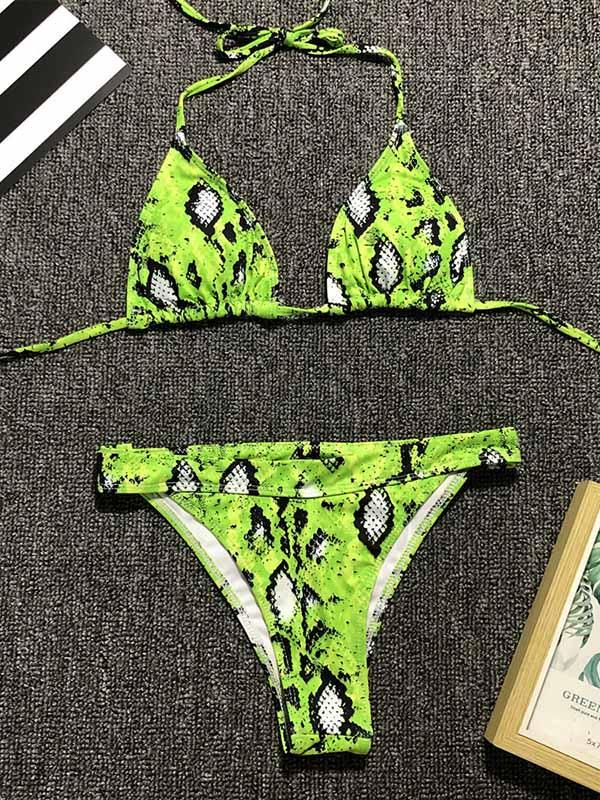 Green Snakeskin Lace Up Bikini Set