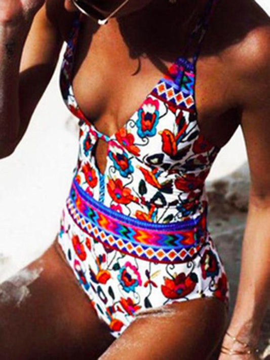 Printed Backless One-piece Swimwear