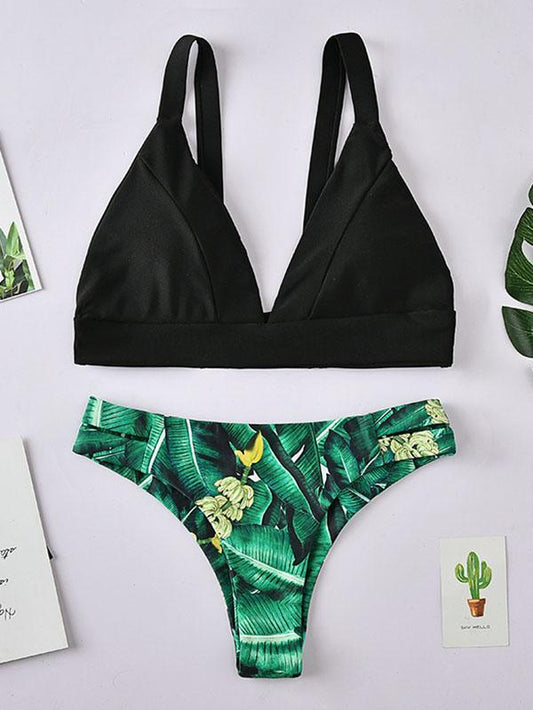 Floral-Print Deep V-Neck Split Bikini Swimsuit