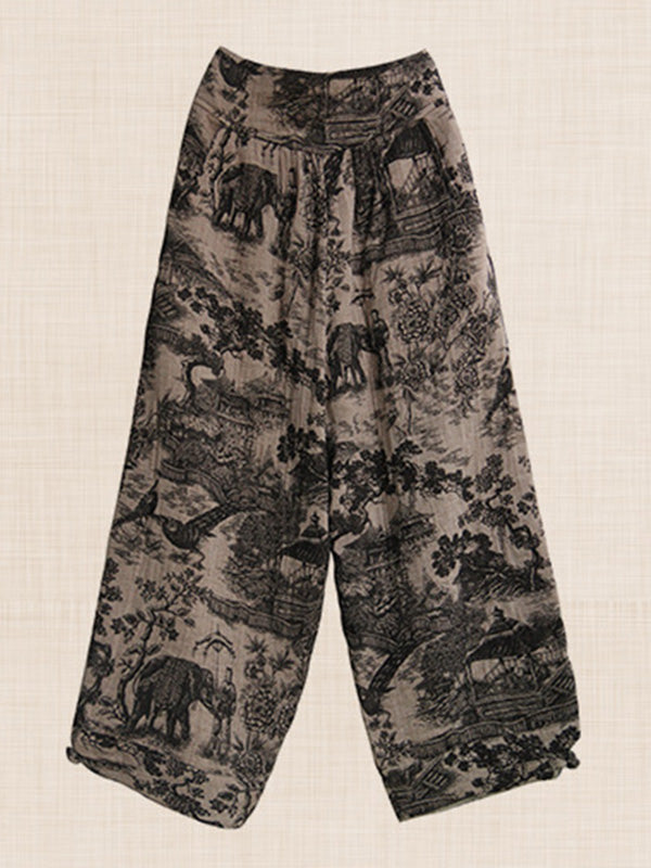 Vintage Elasticity Waist Ink Painting Printed Ninth Pants