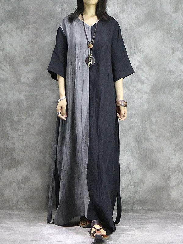 Split-joint Lace-up Cotton Long Dress