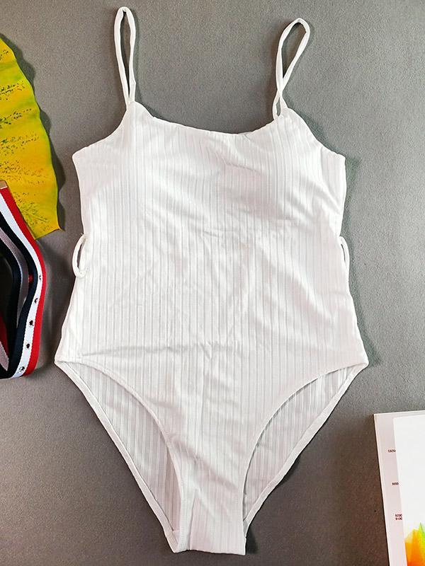 Plain Striped Belt One-piece Swimwear