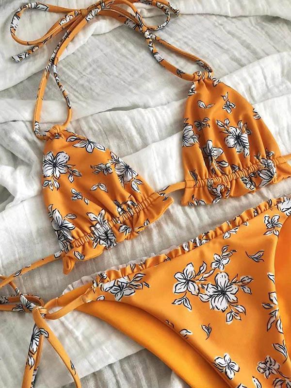 Floral-Print Bandage Ruffled Split Bikini Swimsuit