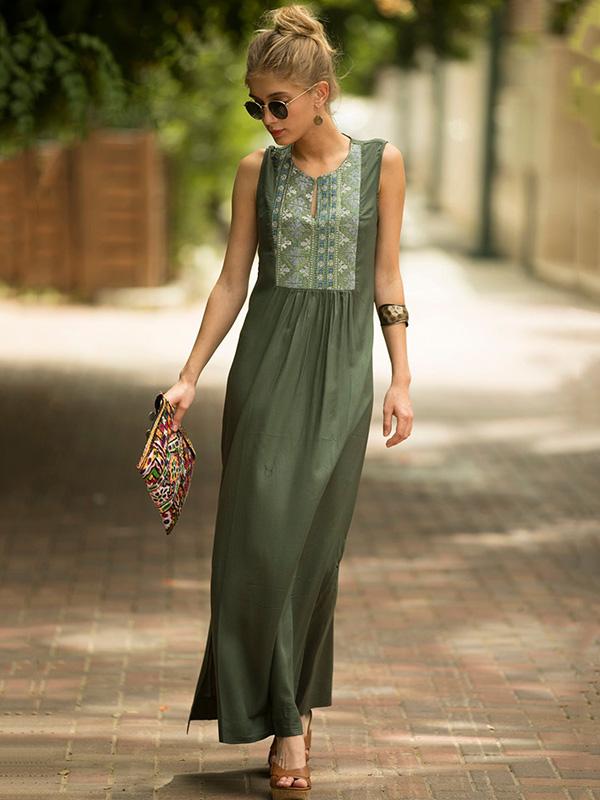 Bohemia Embroider Deep Green  Sleeveless Maxi Dresses