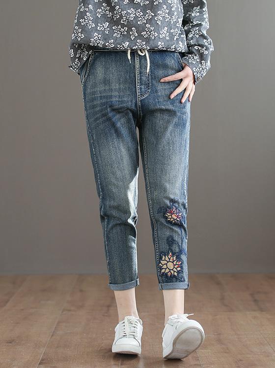 Embroidered Strap Elastic National Jeans Bottom