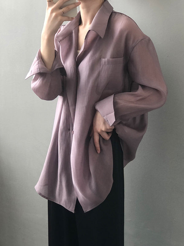 Simple Loose Long Sleeves Solid Color Thin Blouse