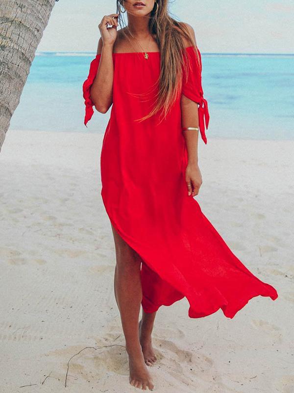 Off Shoulder Split-side Solid Beach Maxi Dresses