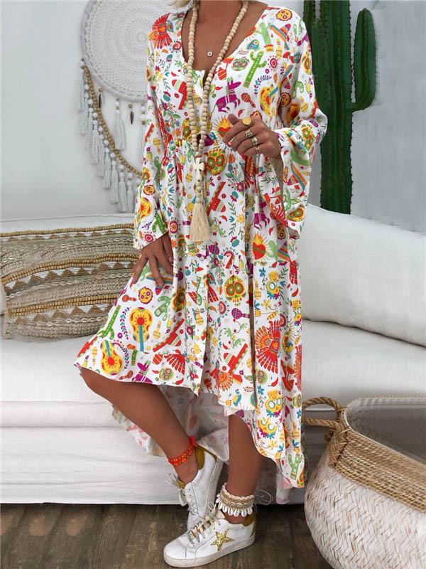 Plus Size Loose Printed Long Sleeve Midi Dress