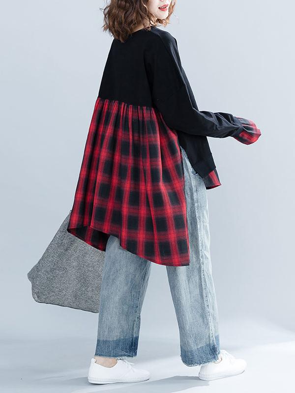 Loose Oversize Split-joint Plaid Sweatshirt