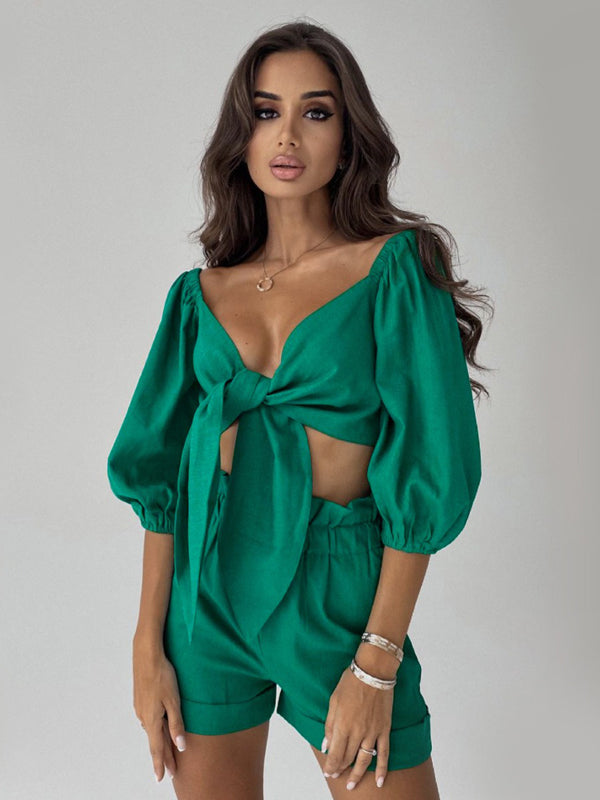 9 Colors Fashion Solid Color Blouse&Shorts Two Pieces Set