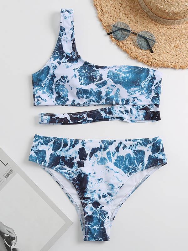 Abstract Printed Asymmetric One-Shoulder Split Bikini Swimsuit