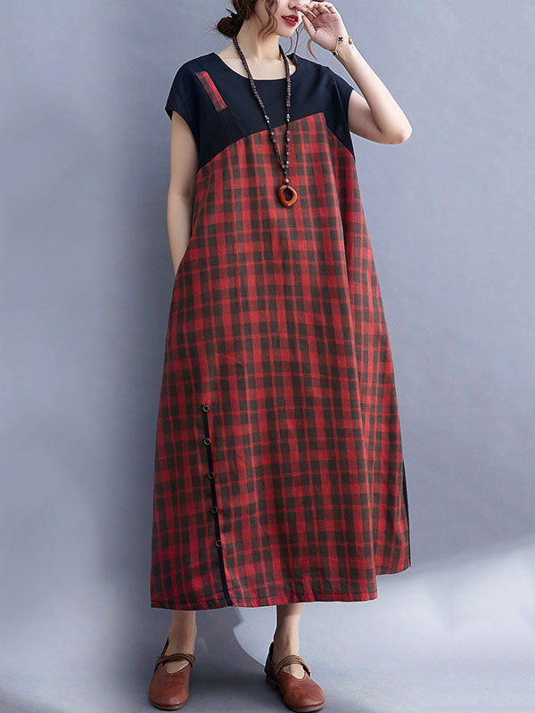 Vintage Plaid Split-Joint Round-Neck Midi Dress