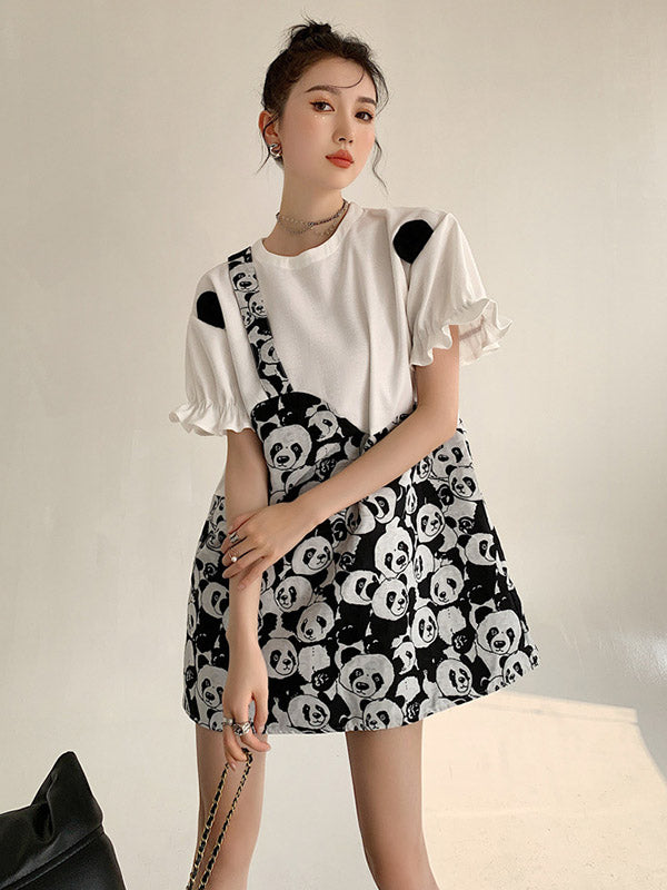 Original Stylish Falbala Split-Joint Panda Printed Round-Neck Bishop Sleeves T-Shirt Mini Dress