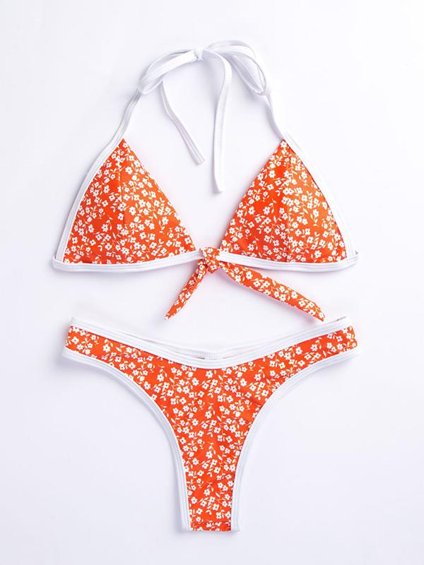 Sexy Spaghetti-Neck  Bandage  Little Flower Split Type Bikini Swimsuit