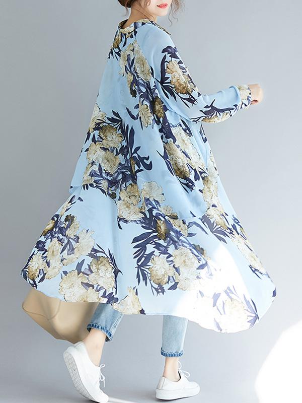 Loose Cropped Flower Printed Long Shirt