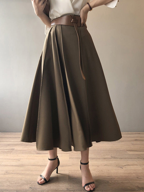 Simple Loose Solid Color Pleated A-Line High-Waist Long Skirt