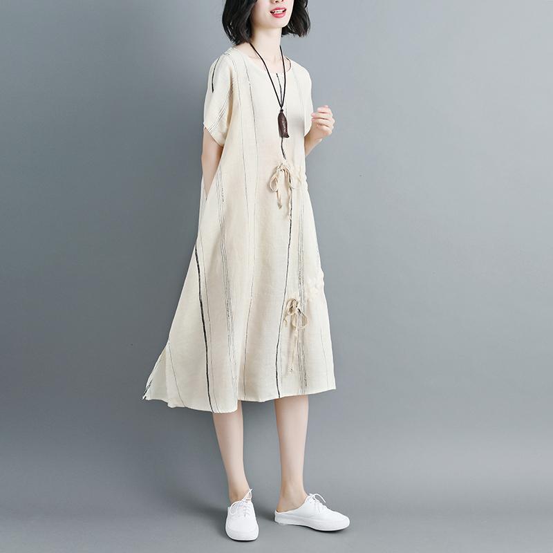 Women Short Sleeve Stripe Beige Drawstring Dress