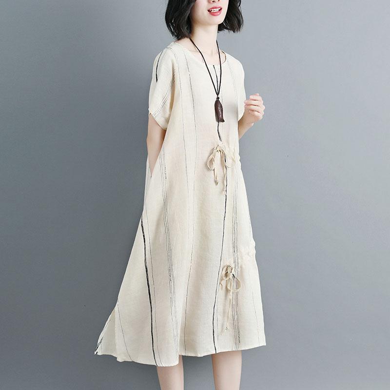 Women Short Sleeve Stripe Beige Drawstring Dress