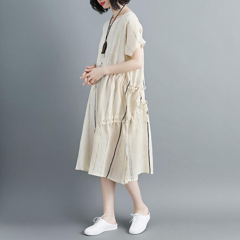 Women Short Sleeve Stripe Beige Drawstring Dress