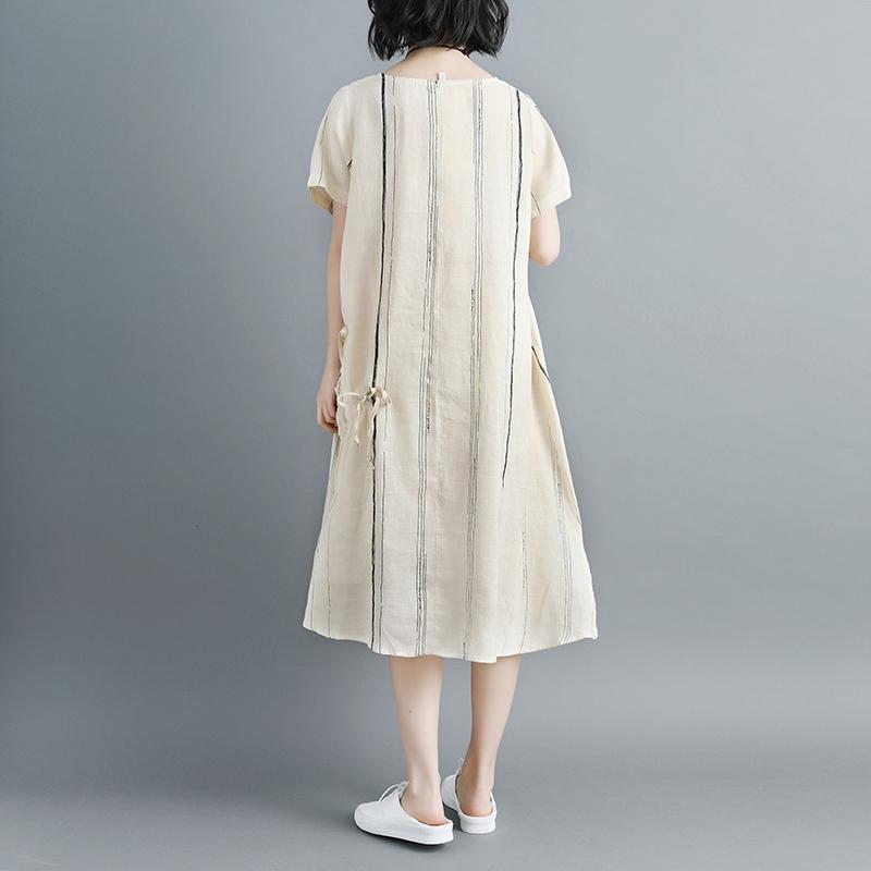 Women Short Sleeve Stripe Beige Drawstring Dress