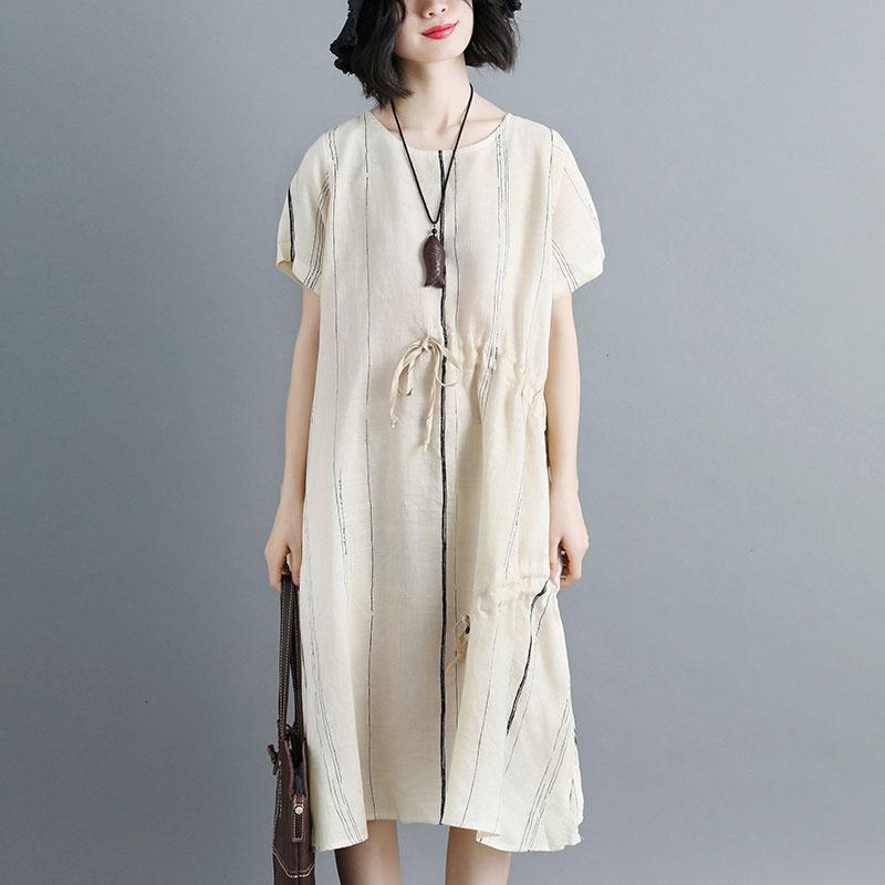 Women Short Sleeve Stripe Beige Drawstring Dress