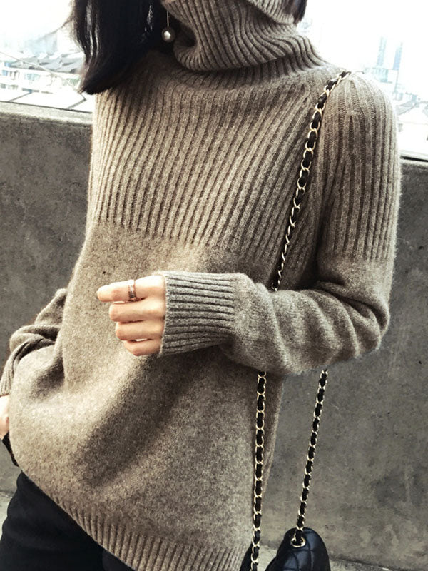 LOOSE HIGH-NECK HIGH-LOW SOLID CASUAL SWEATER