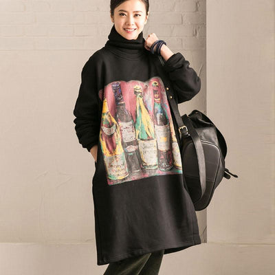 Women Cotton Casual Loose Long Sleeve Printed Black Dress