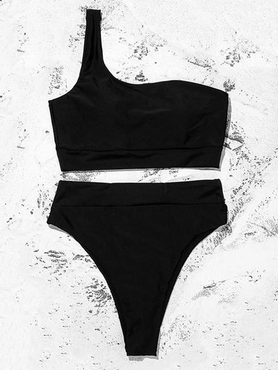 Solid Color Asymmetric One-Shoulder Split Bikini Swimsuit