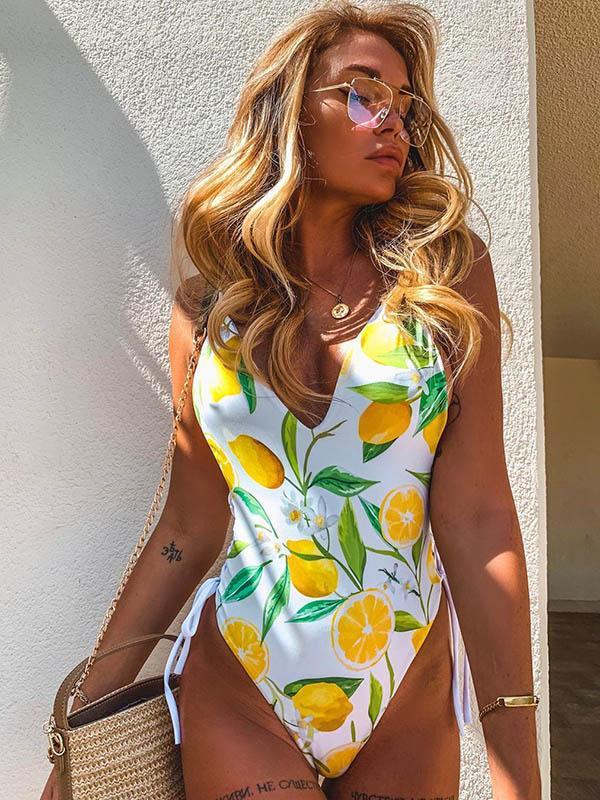 Lemon Print Lace-Up V-Neck One-Piece Swimsuit