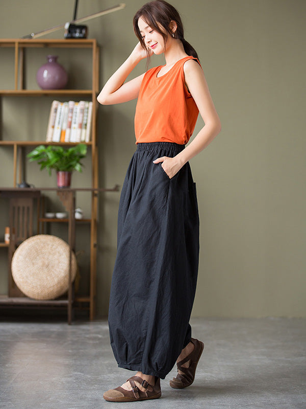 Simple Loose Linen Solid Color Pleated Drawstring Wide Legs Knickerbockers