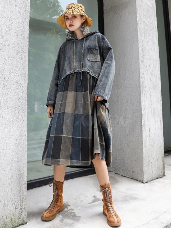 Vintage Plaid Split-joint Hoodie Midi Dress