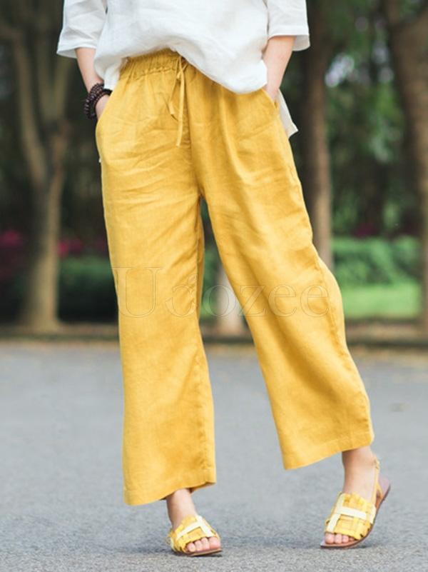 Retro Linen Drawstring Wide Leg Pants