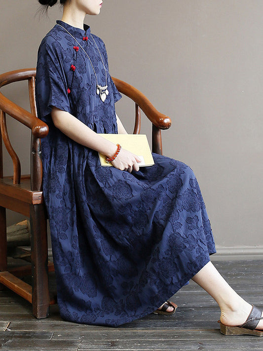 Original Solid Embroidered Stand Collar Midi Dress Long Cheongsam