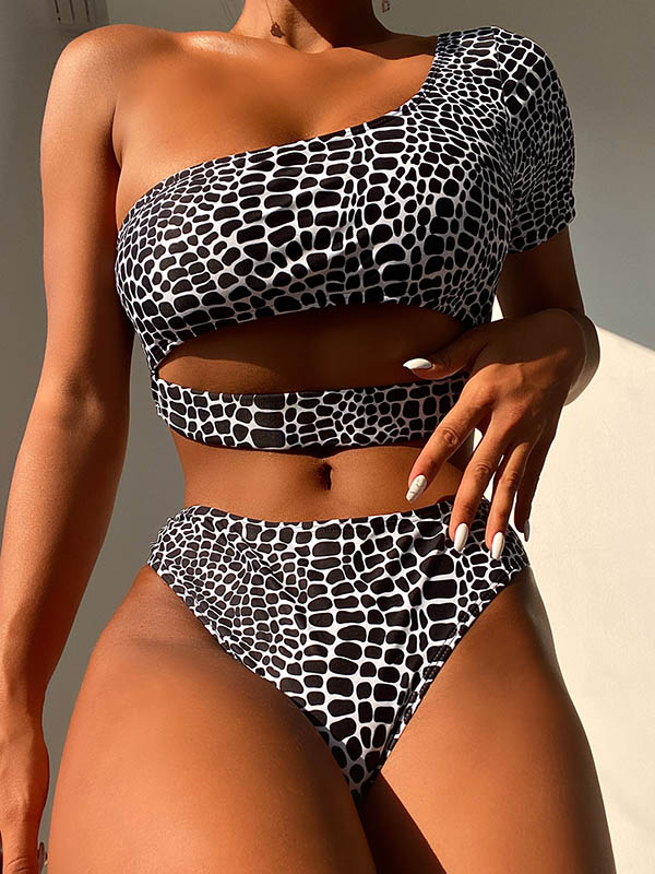 One-Shoulder Polka-Dot Hollow Bikini Swimwear