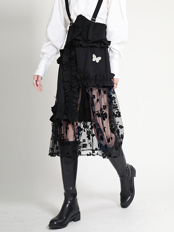 Stylish Mesh Hollow Embroidered Elasticity Split-Joint Strap Skirt