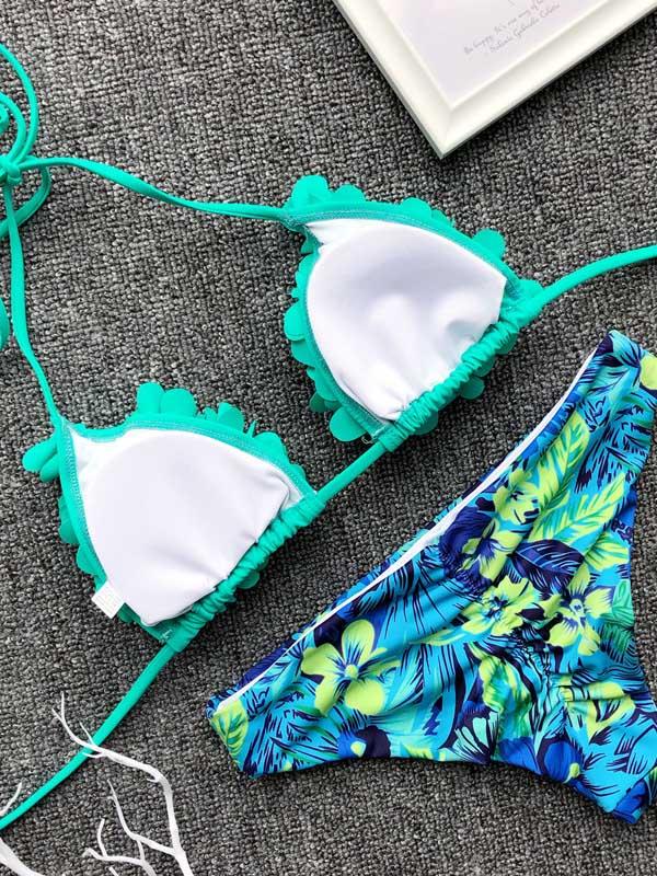 Plain Triangle Top With Printed Panty Bikini Set