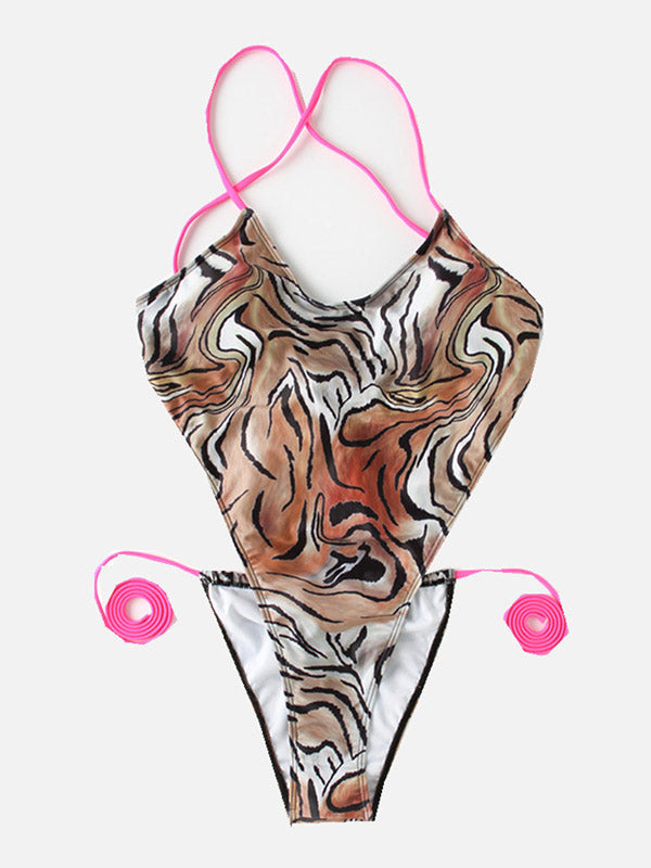 Leopard&Zebra Printed Bandage Backless One-Piece Swimwear