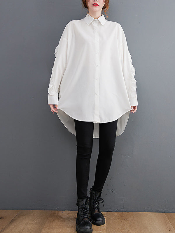 Stylish Loose Solid Color Split-Joint Falbala High-Low Lapel Collar Long Sleeves Blouse