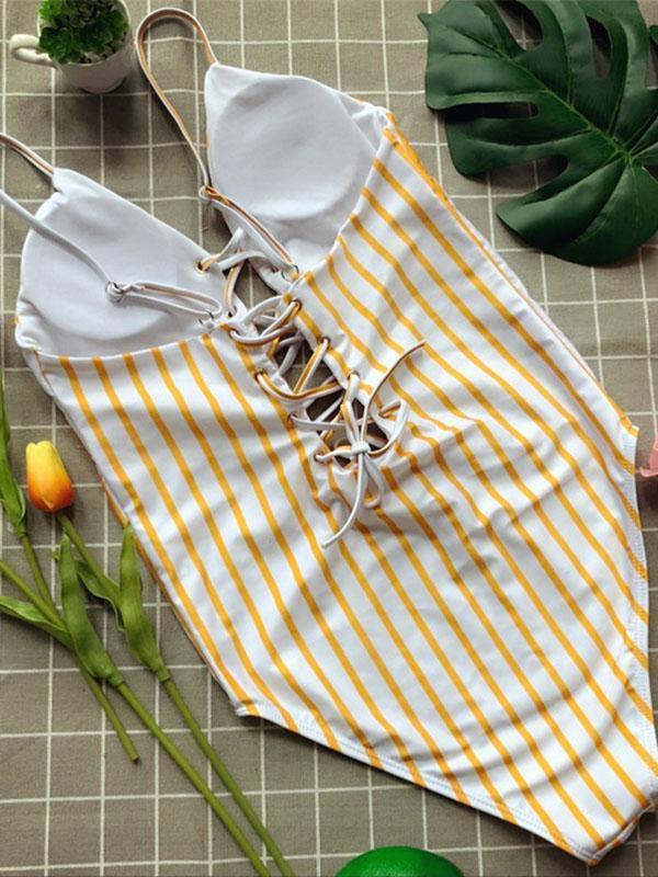 Lace-Up Stripes Fresh One-piece Swimwear