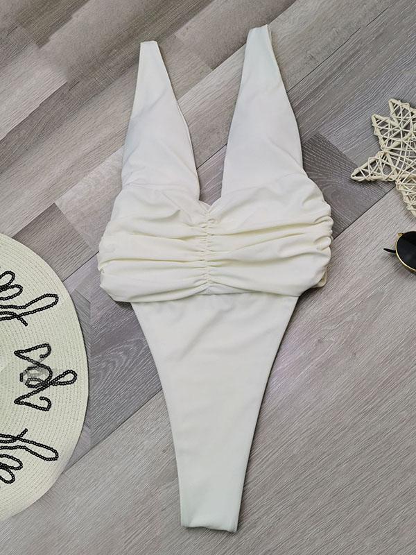 Deep V-Neck Solid Color One-Piece Swimwear