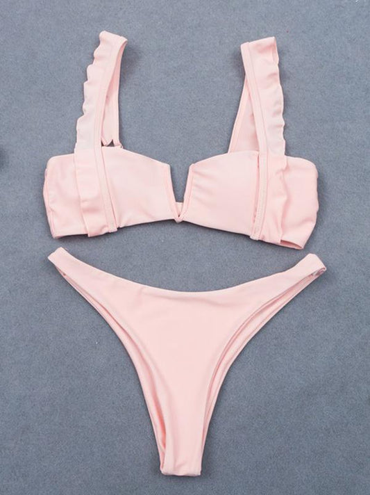 Falbala Solid Color Bikini Swimsuit